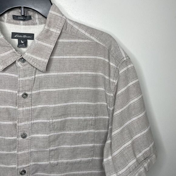 EDDIE BAUER Shirt Mens XL Linen Cotton Button-Up Tan Striped Classic Fit - Picture 2 of 7